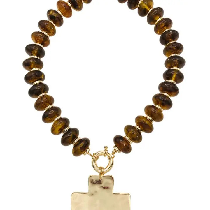 Brown Acrylic Oval with Hammered Cross Necklace