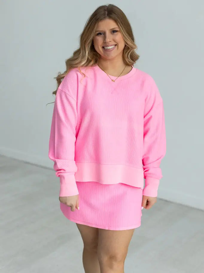 Neon Pink Corded Cropped Side Slit Crew