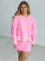 Neon Pink Corded Cropped Side Slit Crew