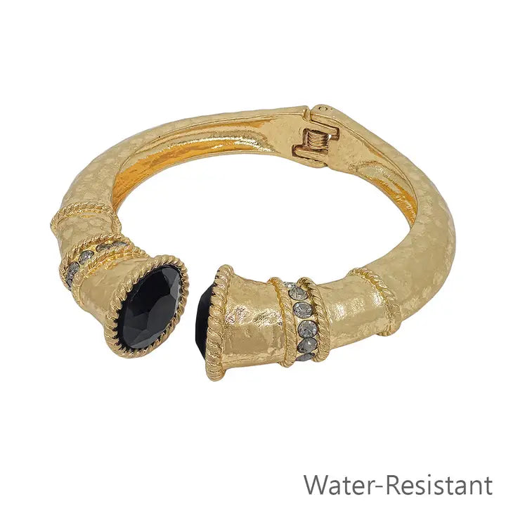 Water Resistant Worn Gold Classy Hinged Bracelet with Black Crystal Accents