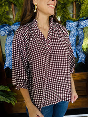 Gingham Check Puff Sleeve Red Brown Blouse