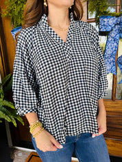 Gingham Check Puff Sleeve Black Blouse
