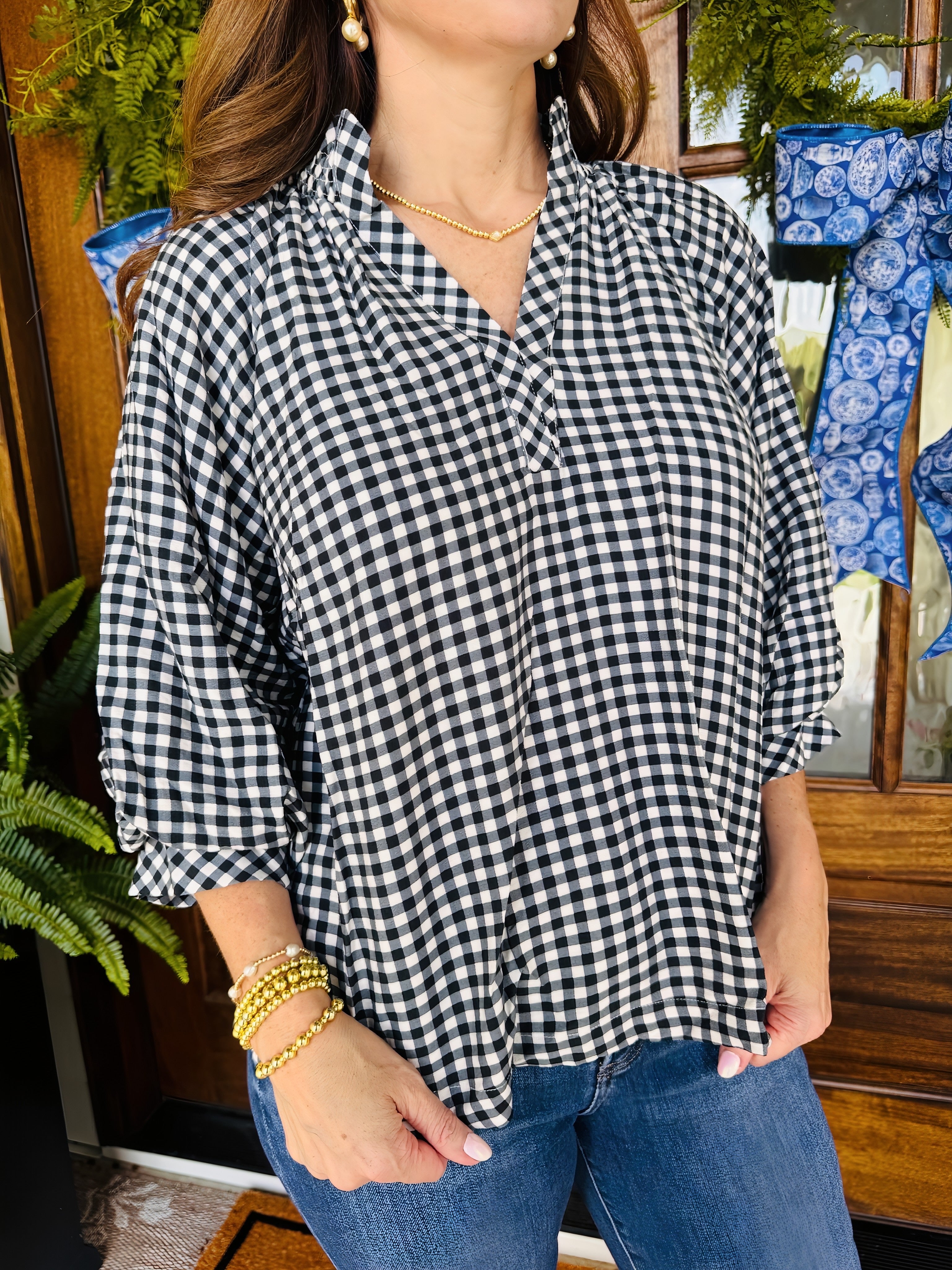 Gingham Check Puff Sleeve Black Blouse