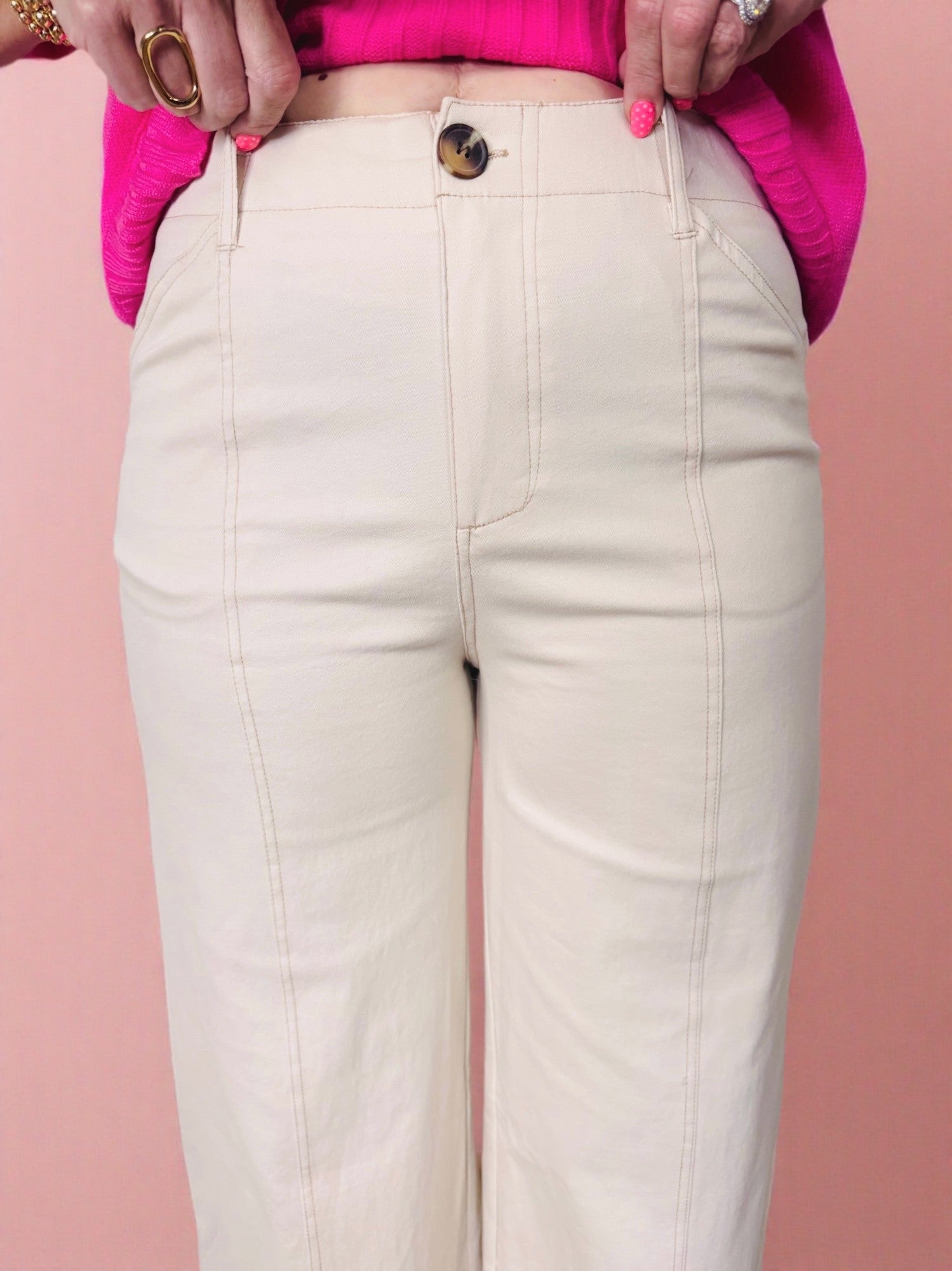 High Rise Stitch Seamed Stretch Wide Leg Pants