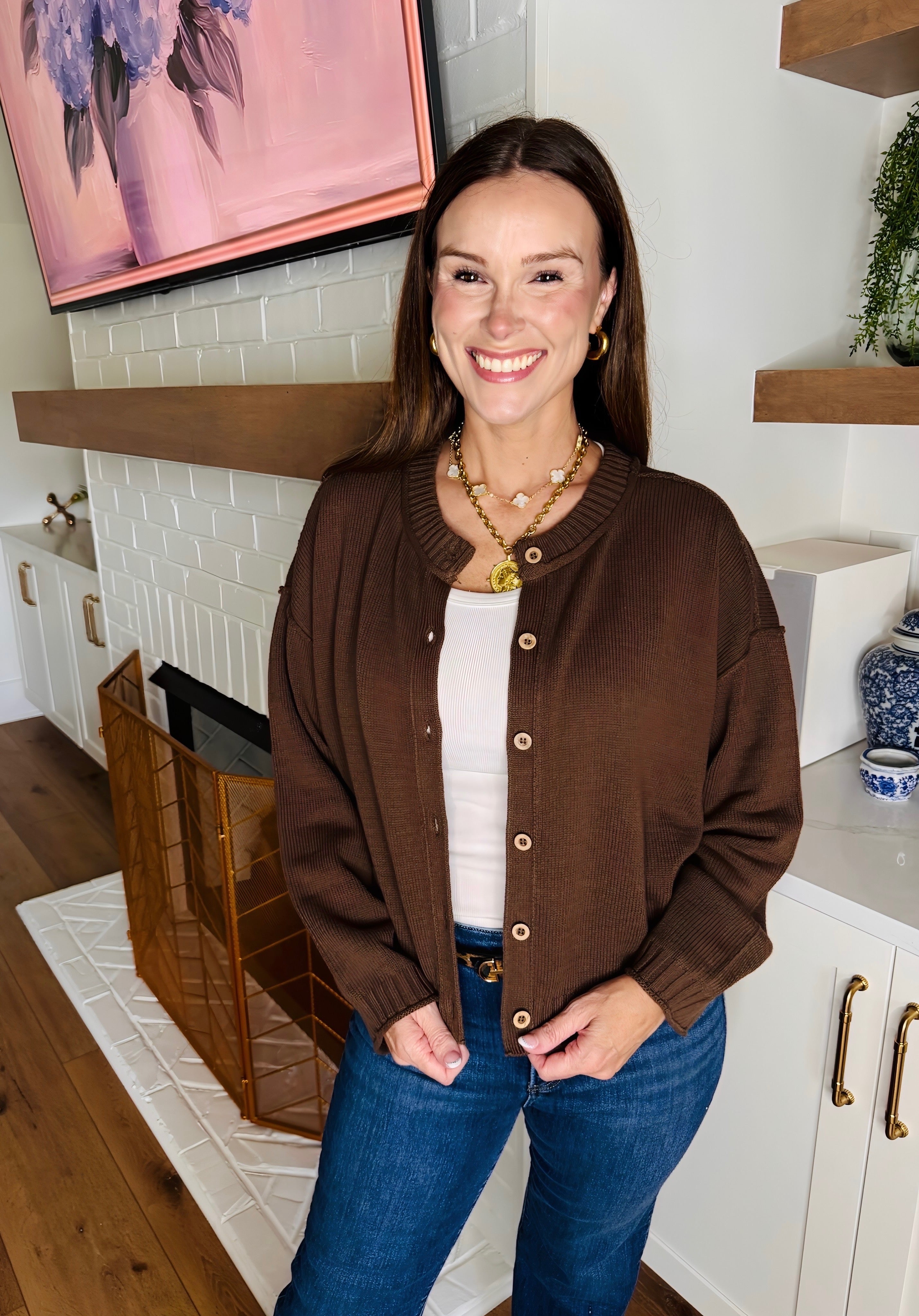 Everyday Button Down Cardigan Brown