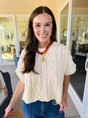 Cable Knit Short Sleeve Sweater Ivory