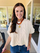 Cable Knit Short Sleeve Sweater Ivory