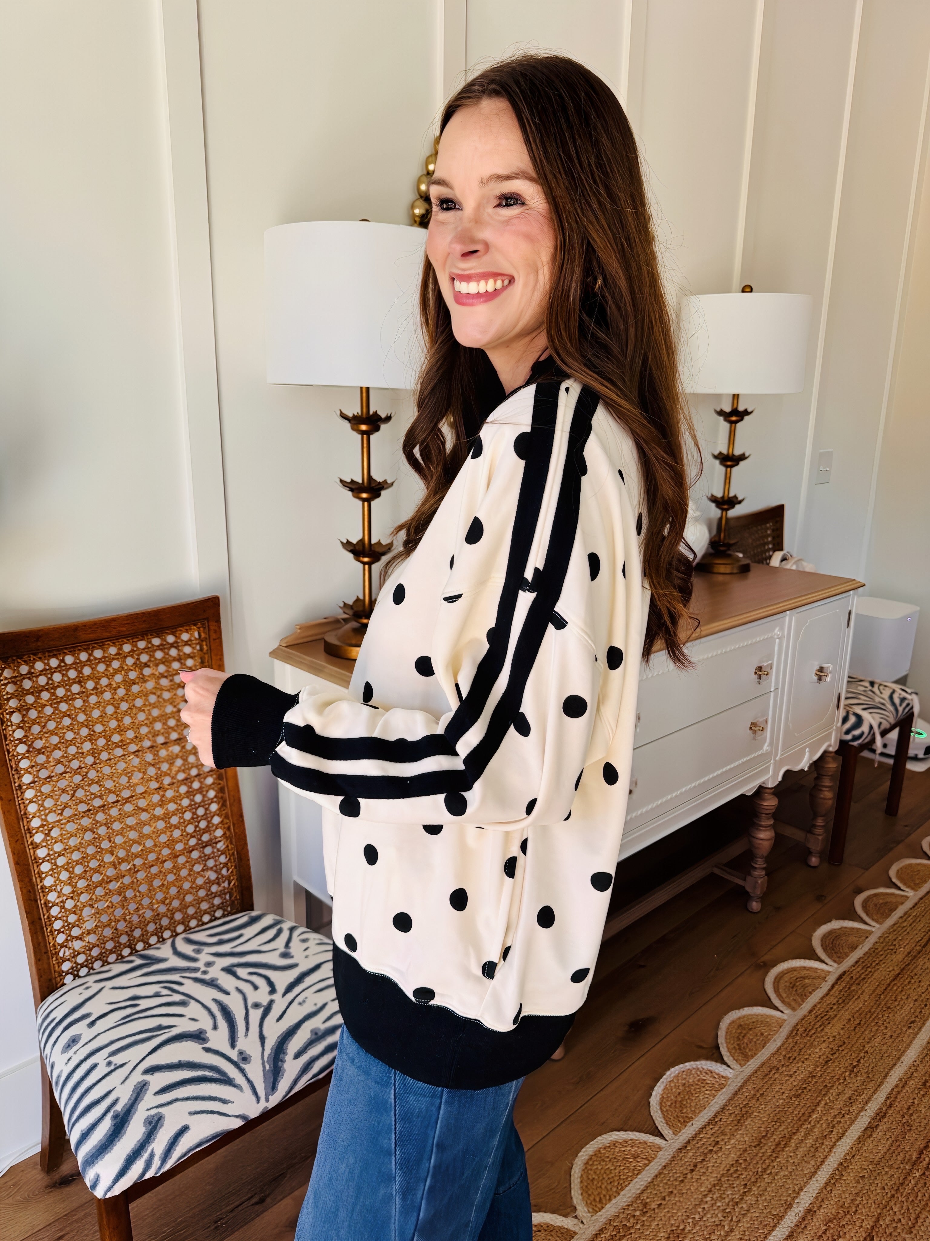 Polka Dot Side Stripe Mock Neck Sweatshirt Black