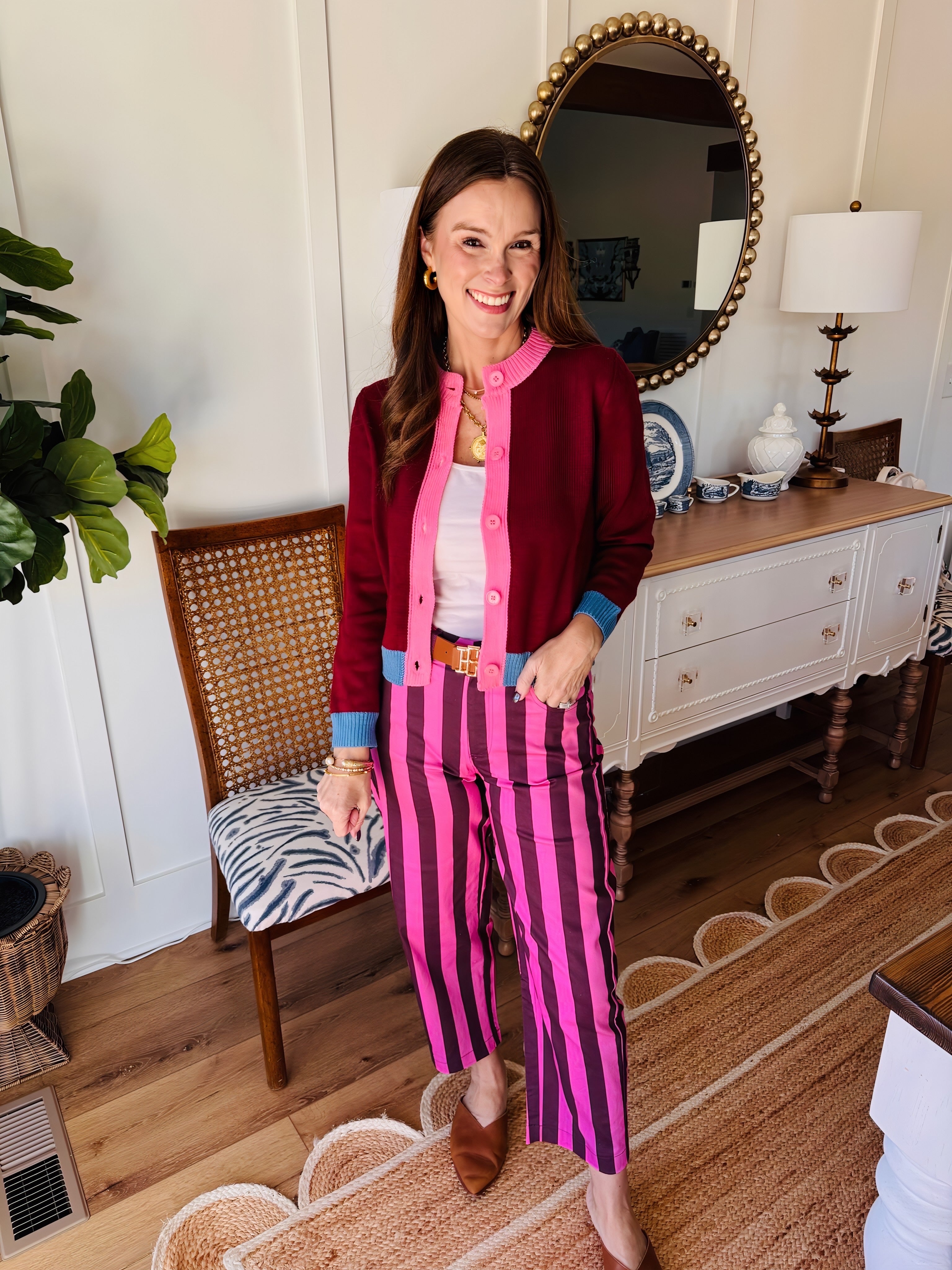 Pink/Burgundy Striped Barrel Pant