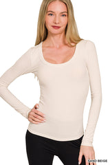 The Ribbed Layering Boat Neck Top Beige