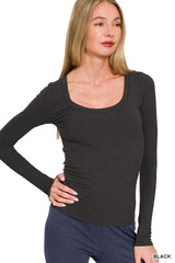 The Ribbed Layering Boat Neck Top Black