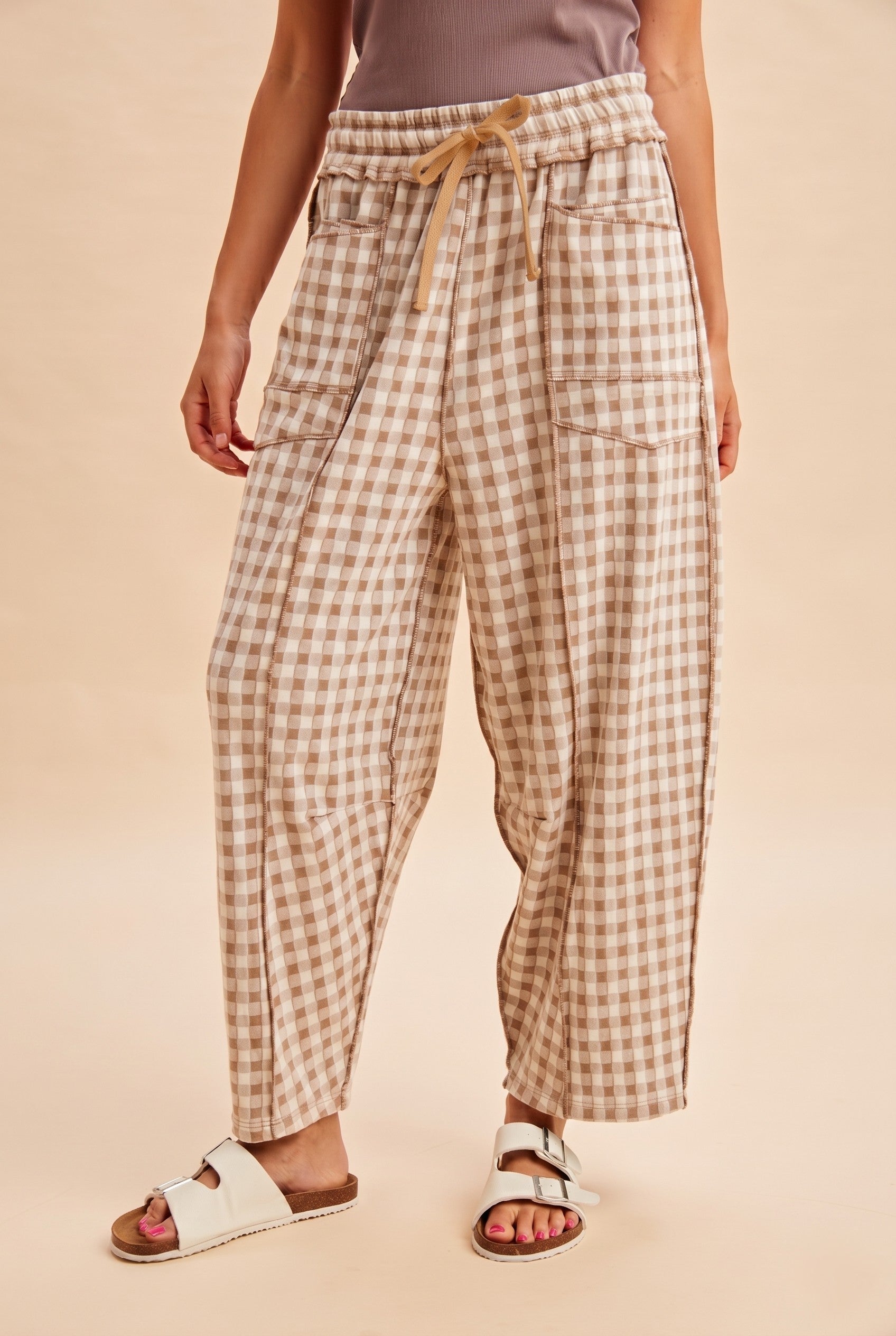 Brown Gingham Utility Fit Barrel Pants