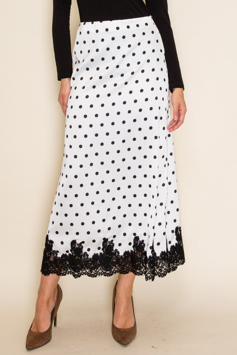Polka Dot Lace Hem Midi Skirt