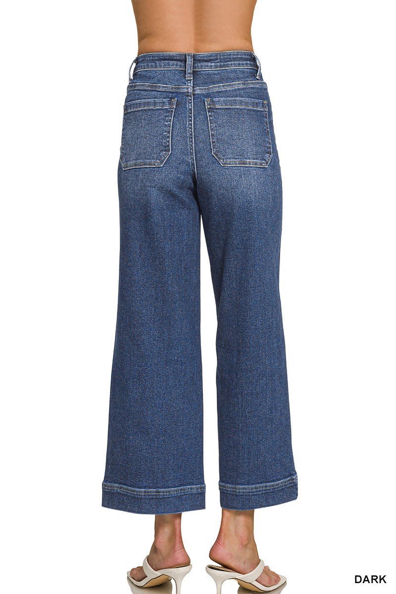 High Rise Wide Leg Pintuck Denim Pants
