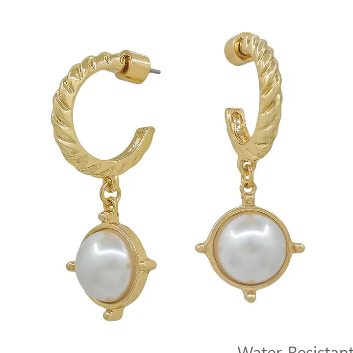 Water Resistant 1.2" Textured Hoop with Pearl Drop Earring