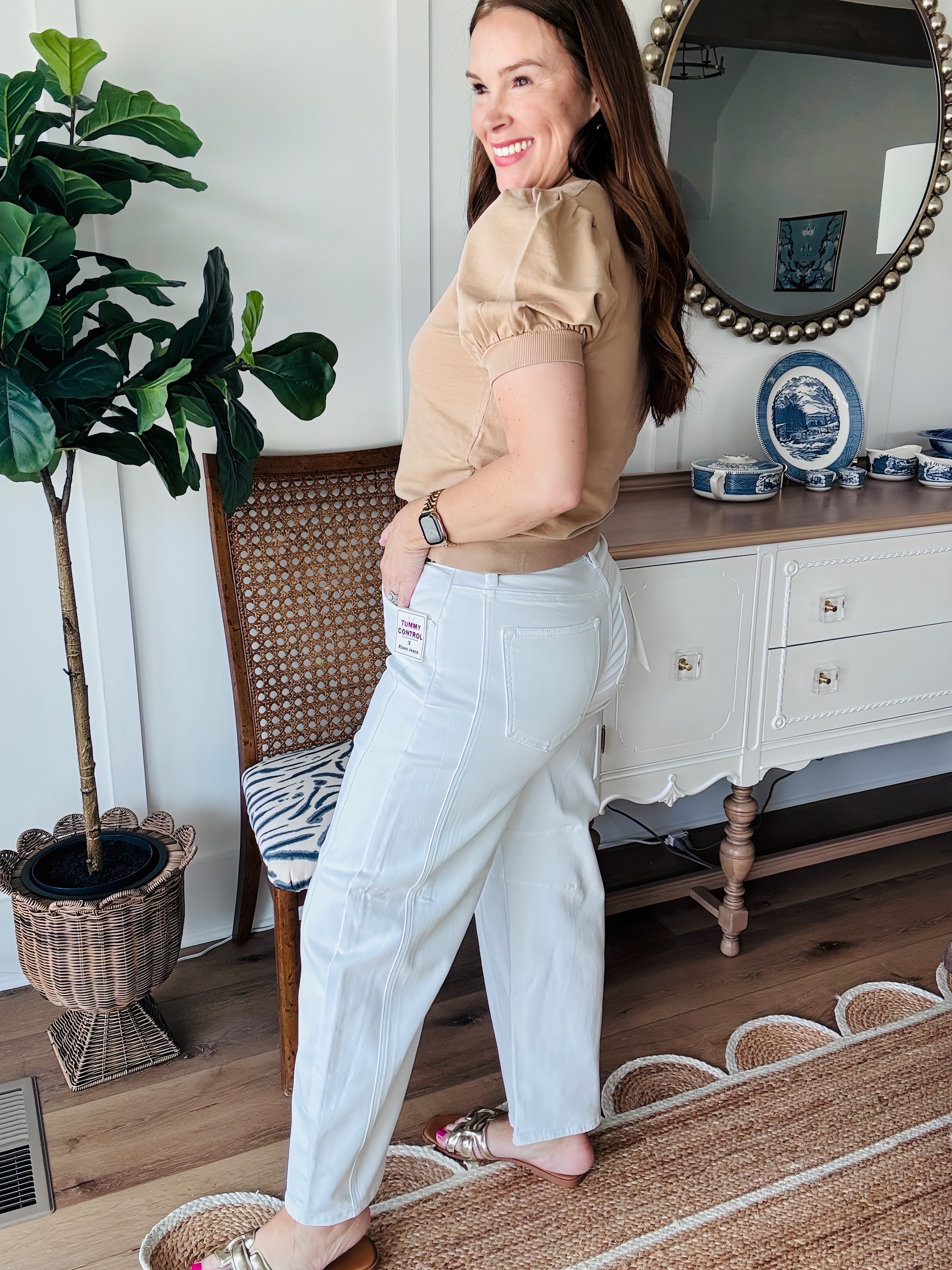 Risen Tummy Control White Ankle Barrel Jeans