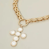 Gold Pearl Cross Charm Necklace