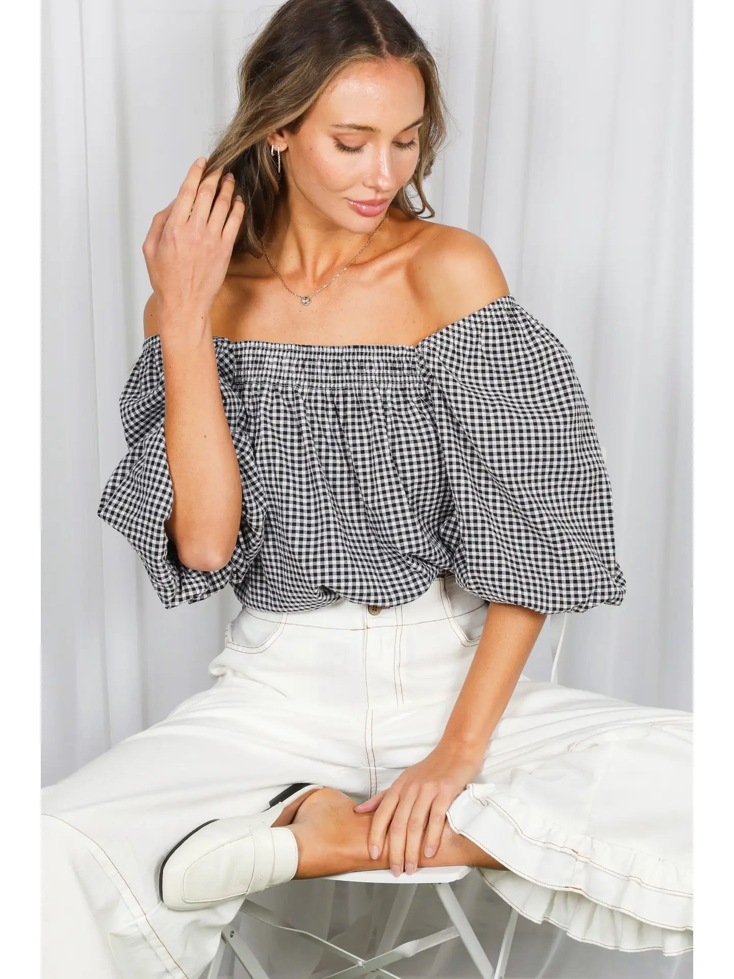 Black Gingham Bubble Sleeve Top