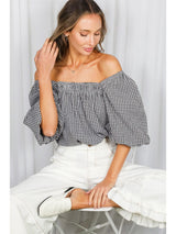 Black Gingham Bubble Sleeve Top