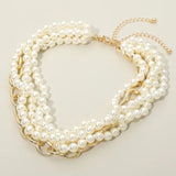 Chunky Textured Metal Link Multi Layered Pearl Necklaces