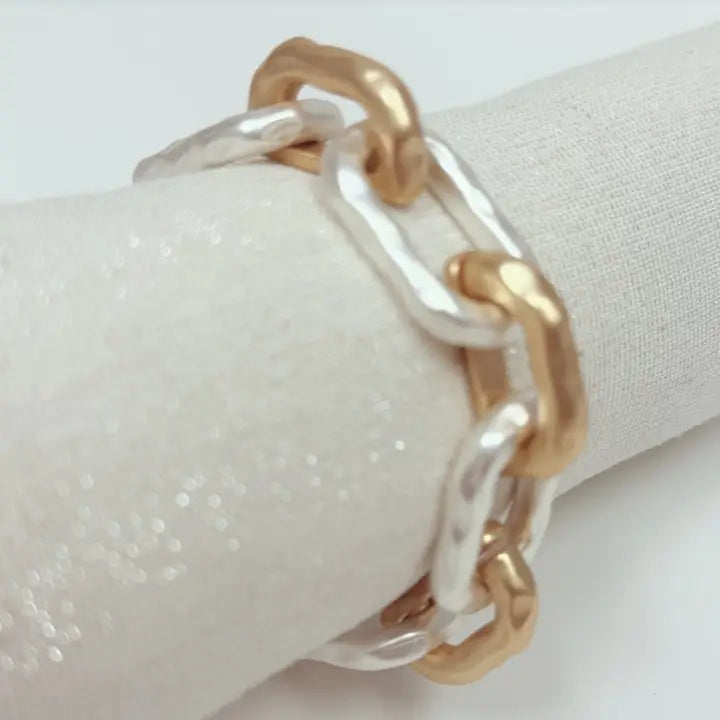 Hammered Gold and Silver Open Chain  Bracelet with Toggle