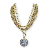 Thick Multi Gold Chain with Silver Stamped Coin  Necklace
