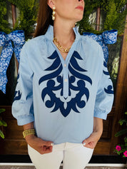 Blue Baroque Applique Top