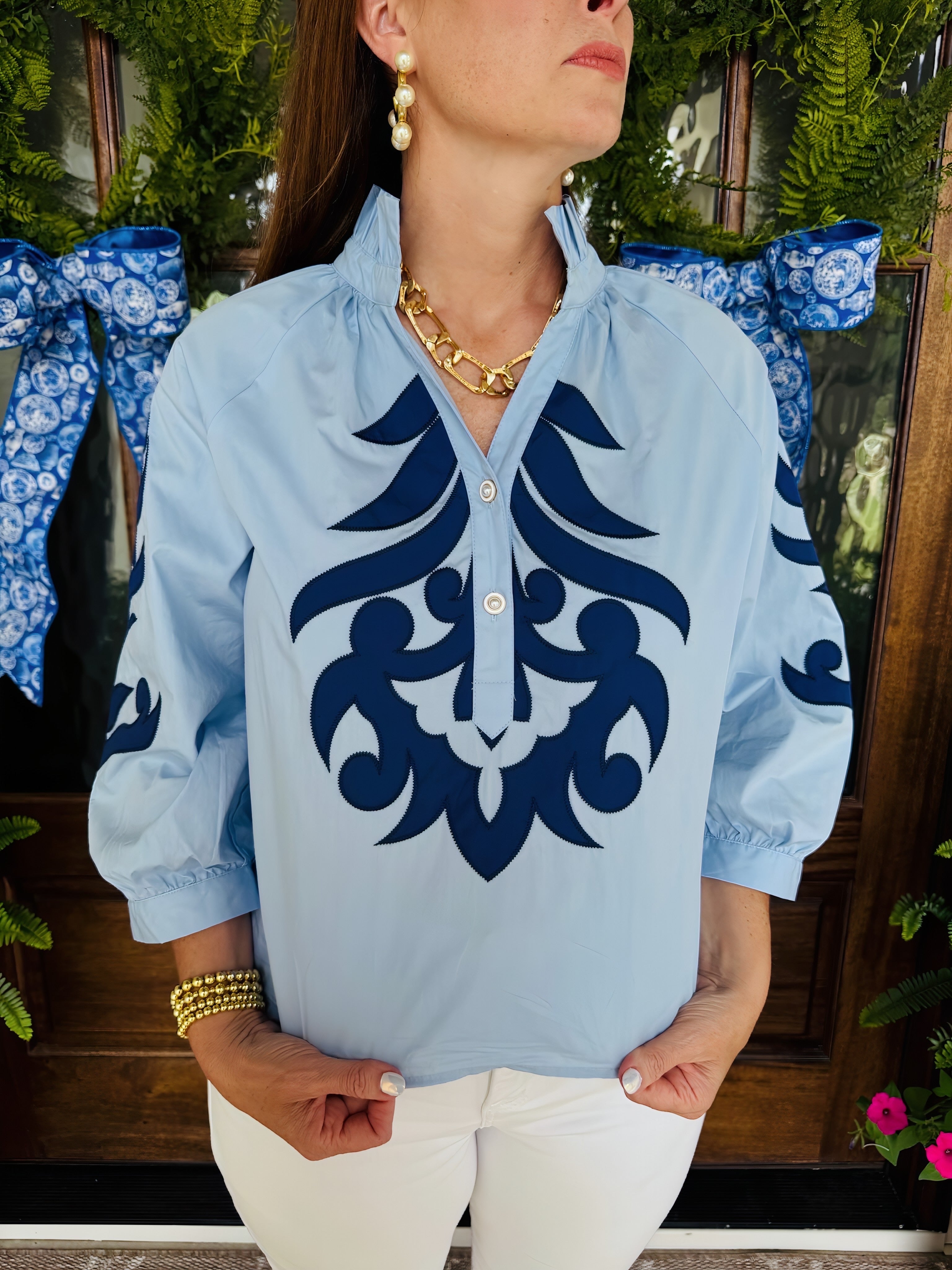 Blue Baroque Applique Top