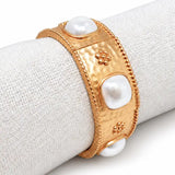 Hammered Gold Stretch Bracelet with Pearl Square Stone