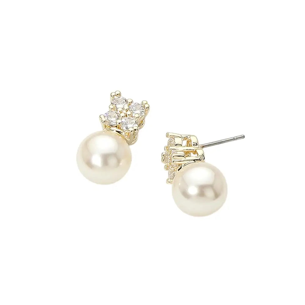 14K Gold Plated Cz Cluster Pearl Drop Stud Earrings