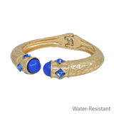 Water Resistant Matte Gold with Blue Crystal Accents Hinged Bracelet