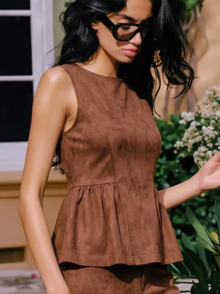 Brown Suede Peplum Tank Top