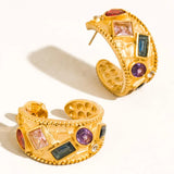 Delmare 18K Gold Non-Tarnish Vintage Gemstone Hoop Earrings