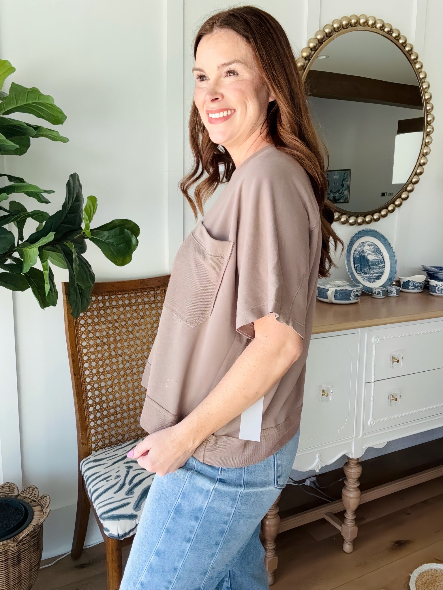 Offset Raw Edge Pocket Tee Taupe
