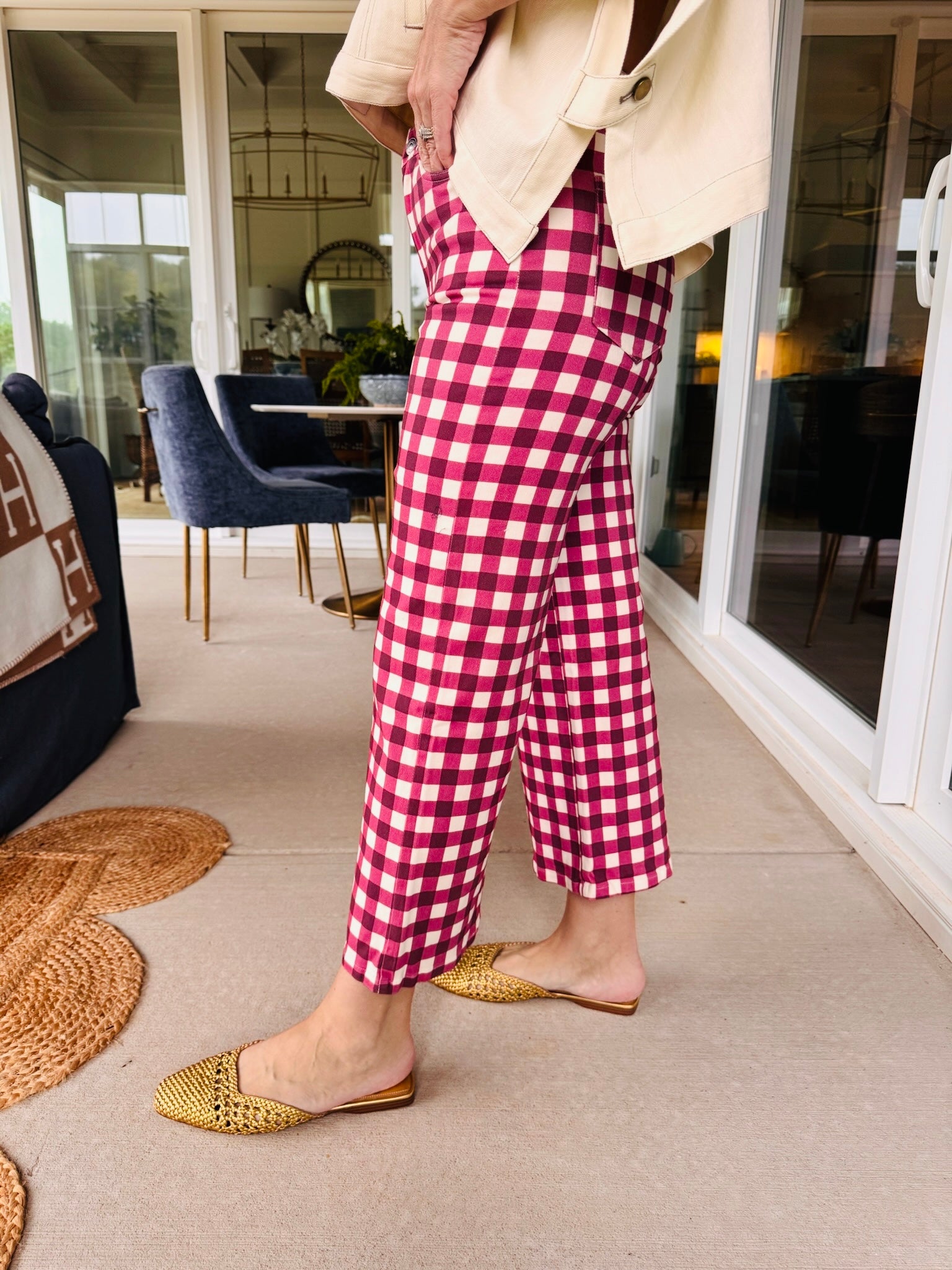Comfort Stretch Gingham Pants Burgundy