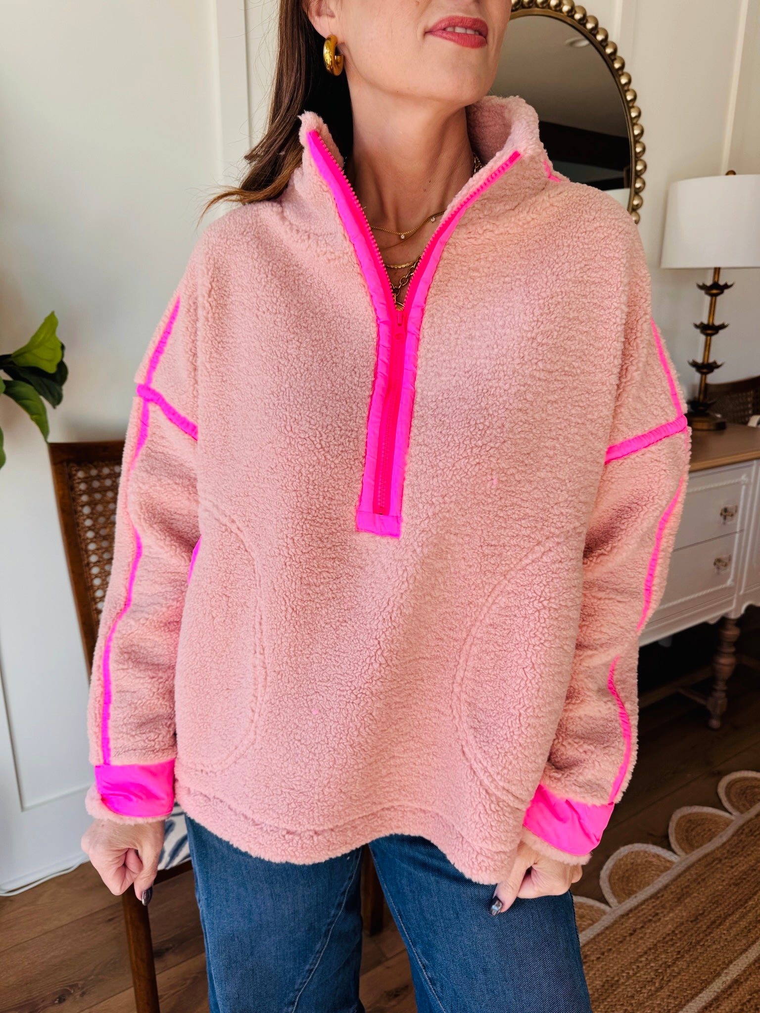 Fleece Half Zip Pullover Pink
