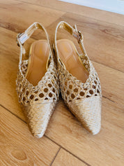 Gold Woven Pointed Toe Slingback Flats