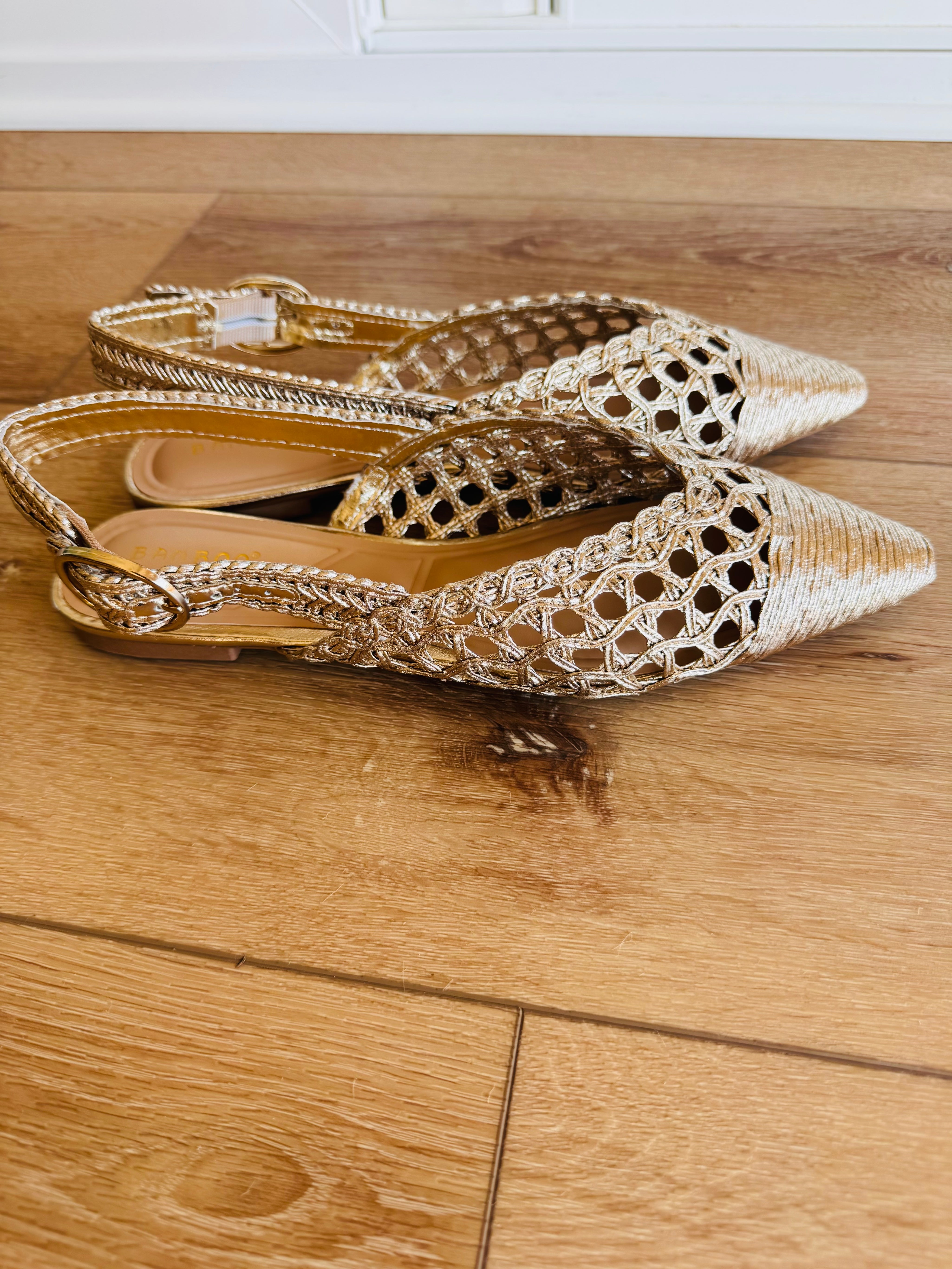 Gold Woven Pointed Toe Slingback Flats