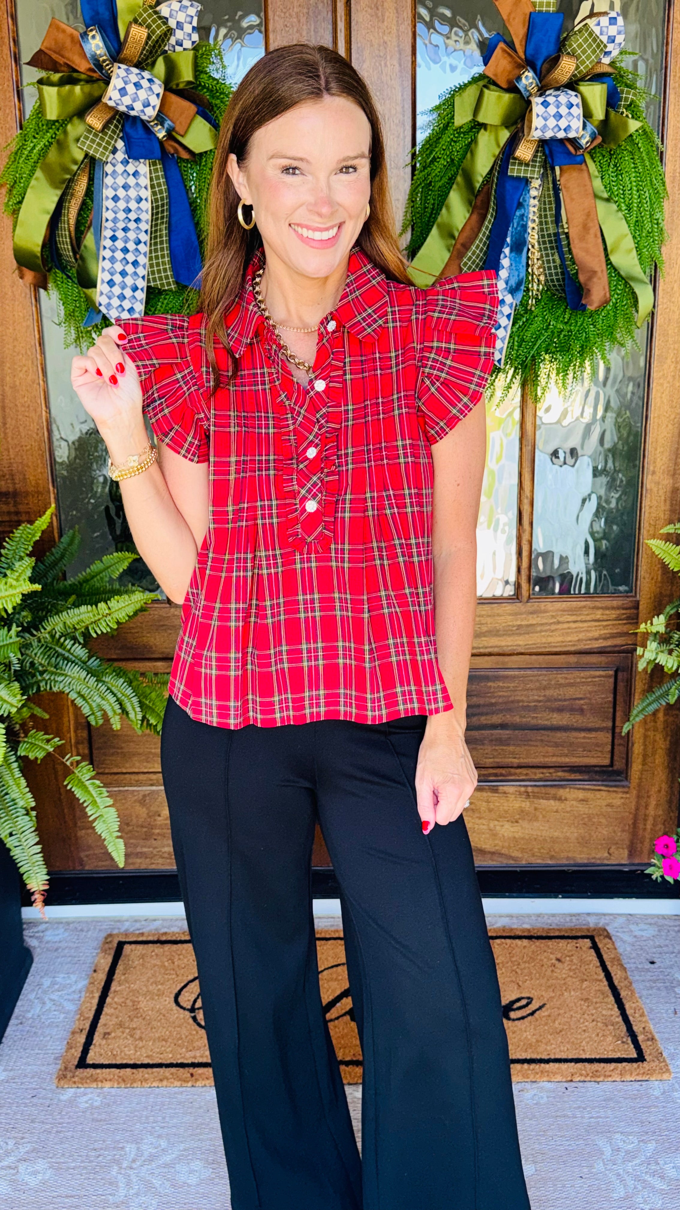 Sleigh Bells Red Tartain Plaid Top