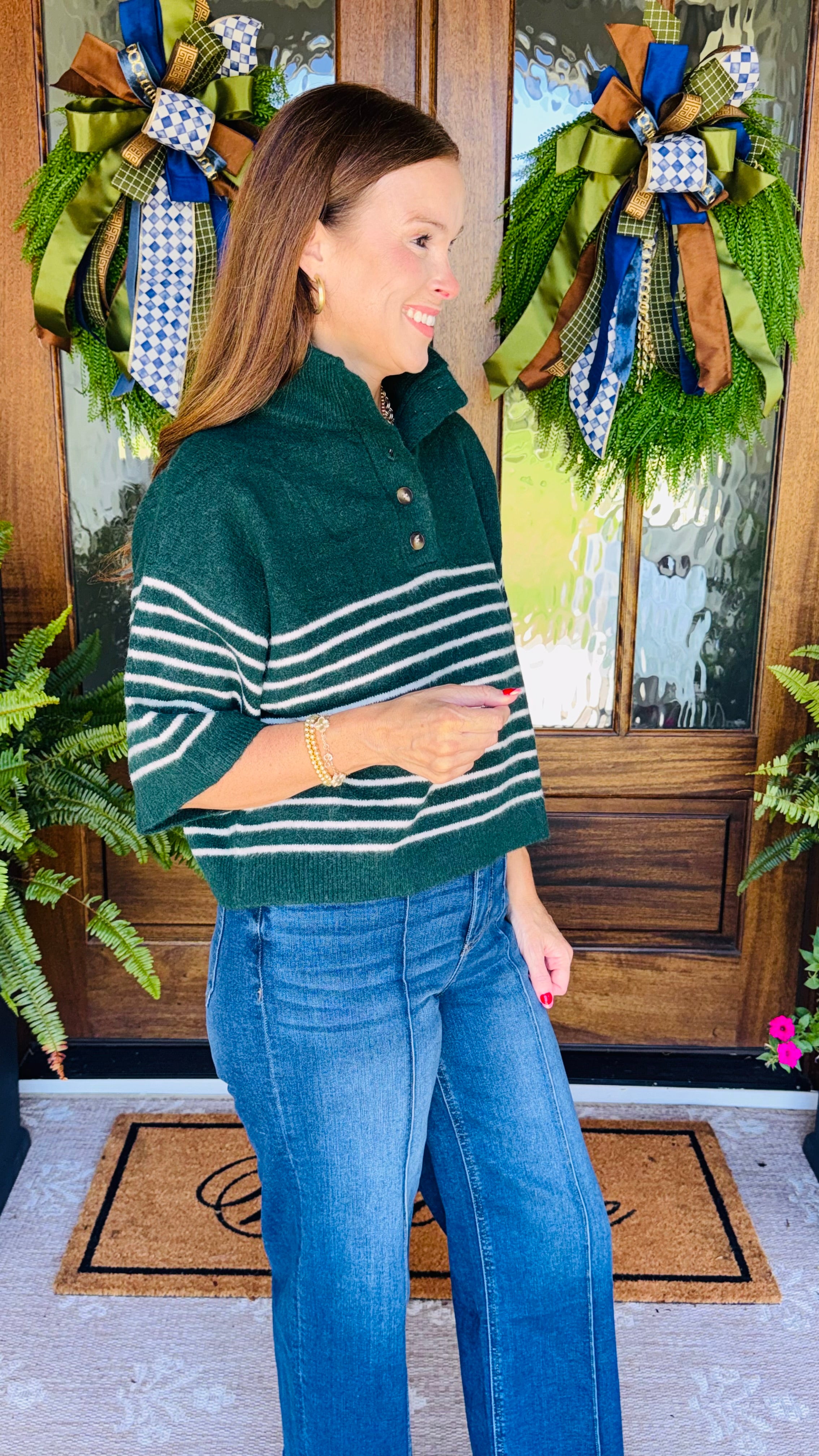 The Harper Striped Sweater Hunter Green
