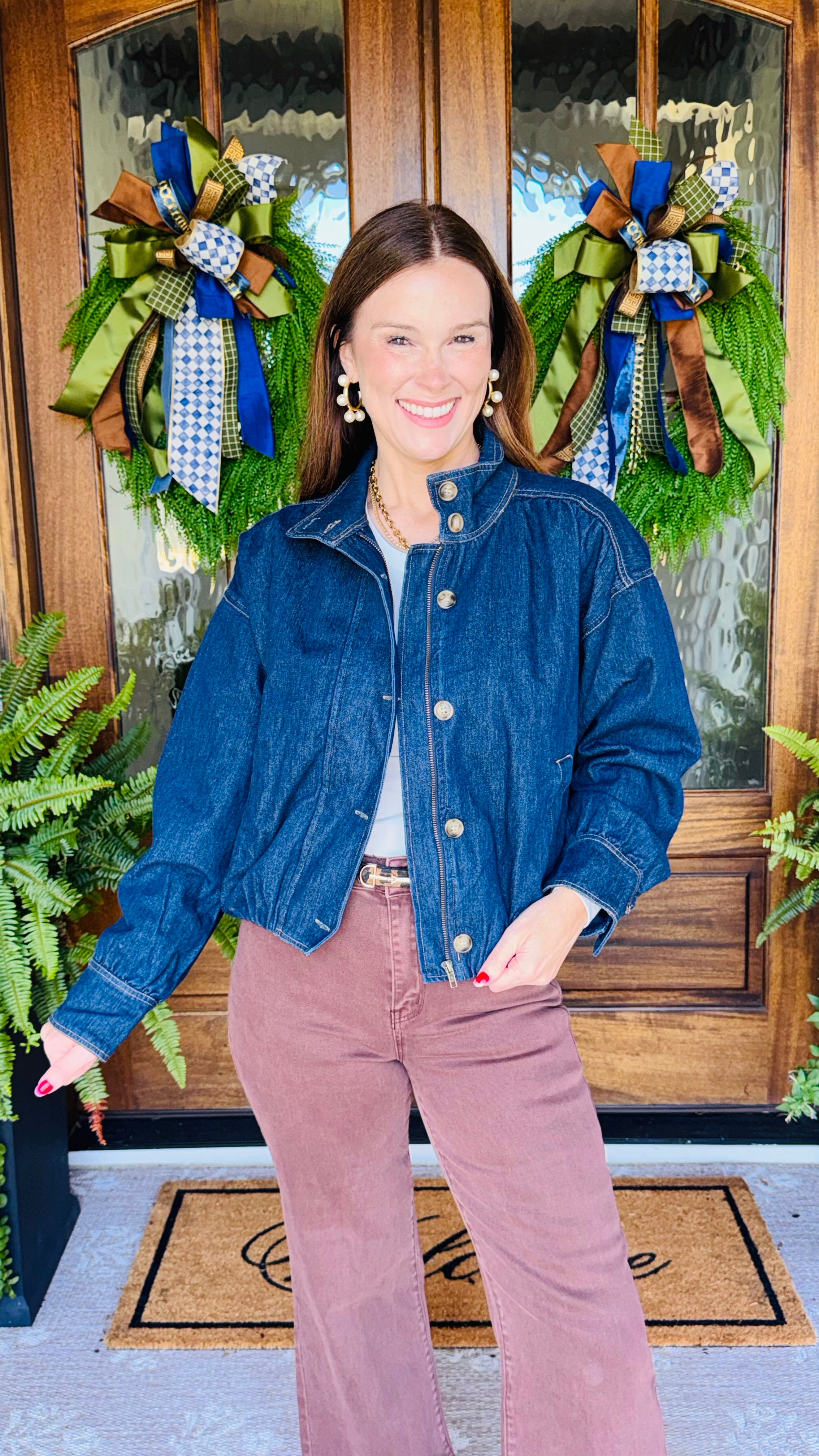 High Collar Denim Bomber Jacket