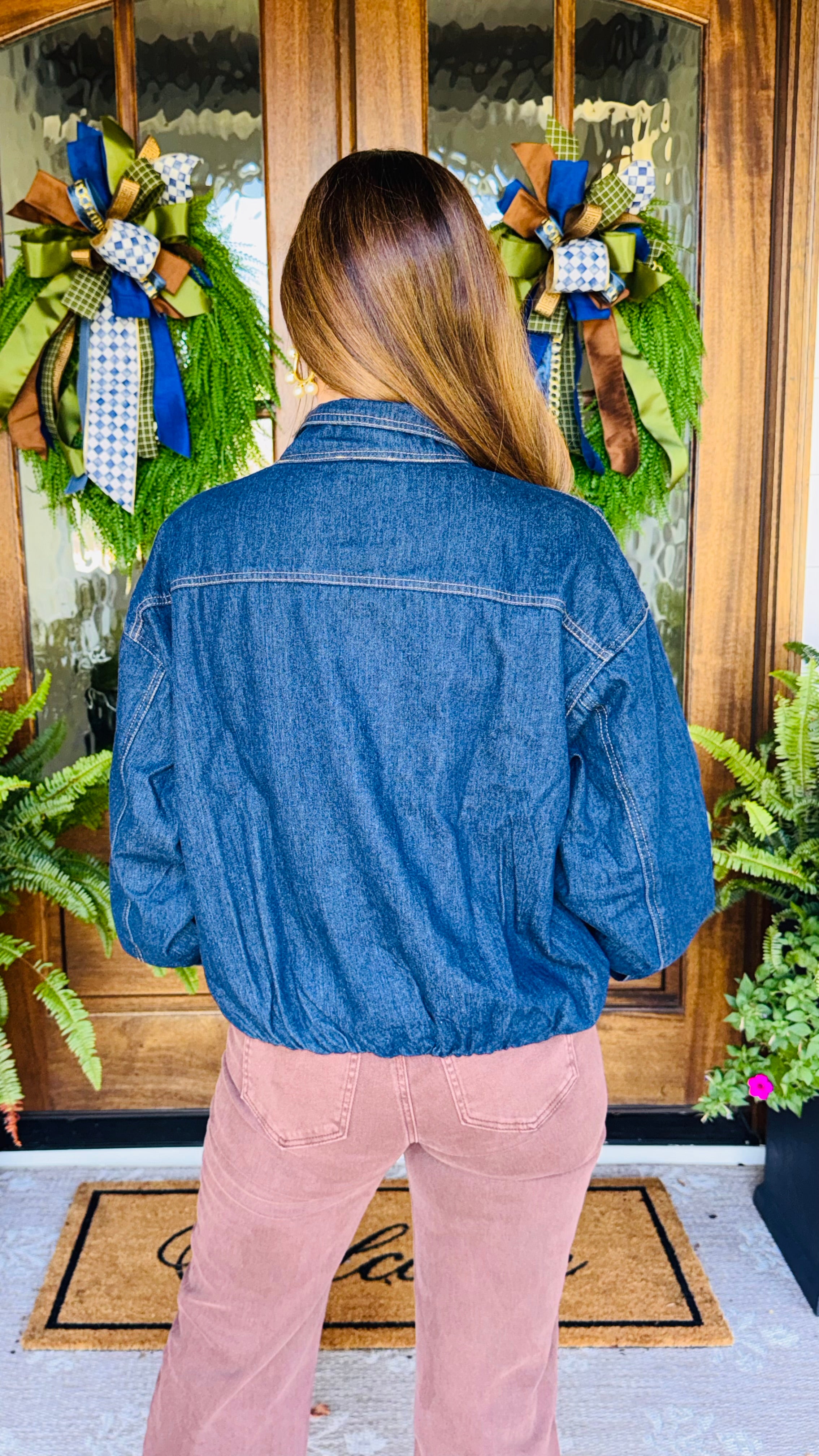 High Collar Denim Bomber Jacket