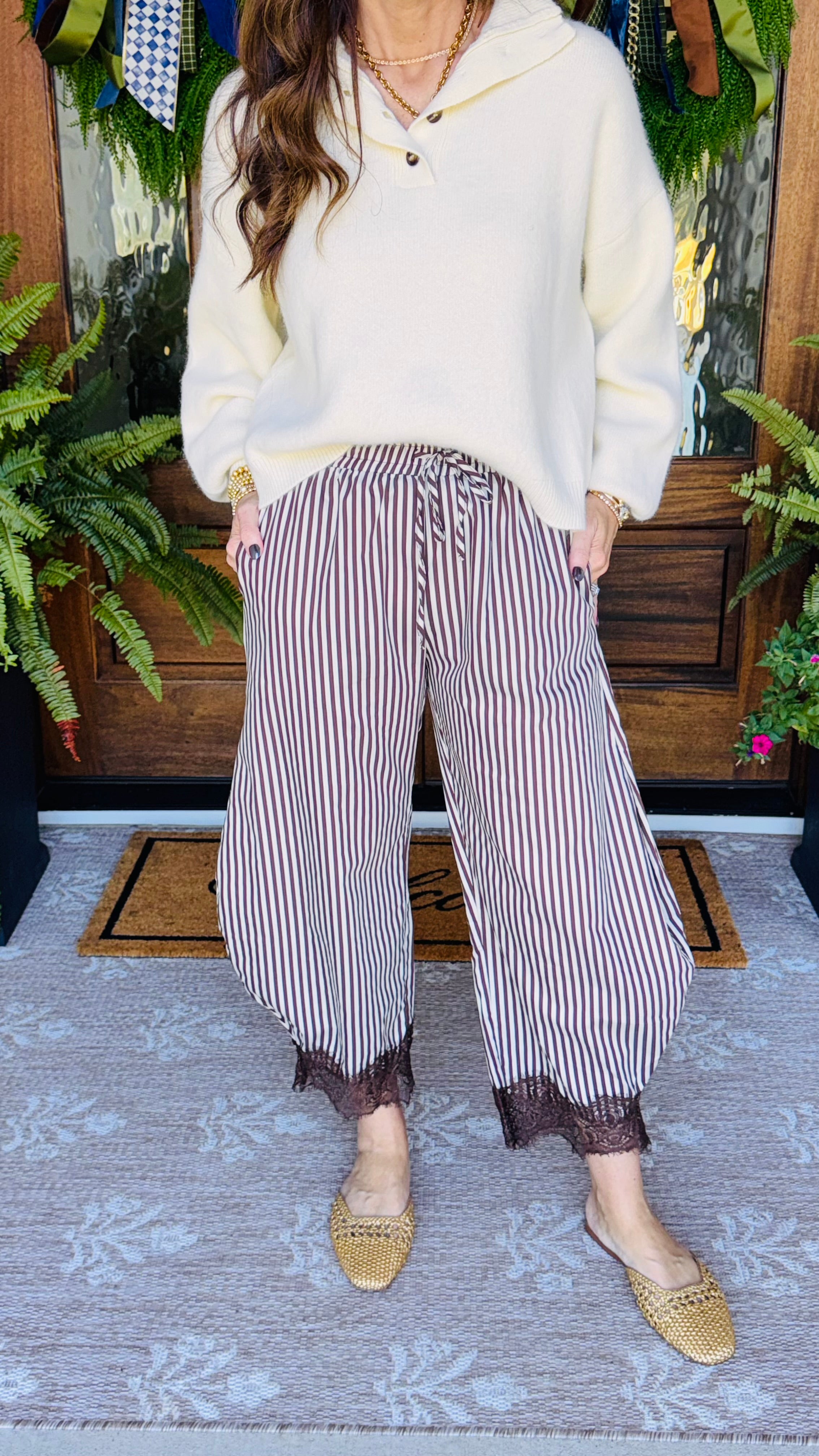 Mocha Striped Balloon Lace Pants