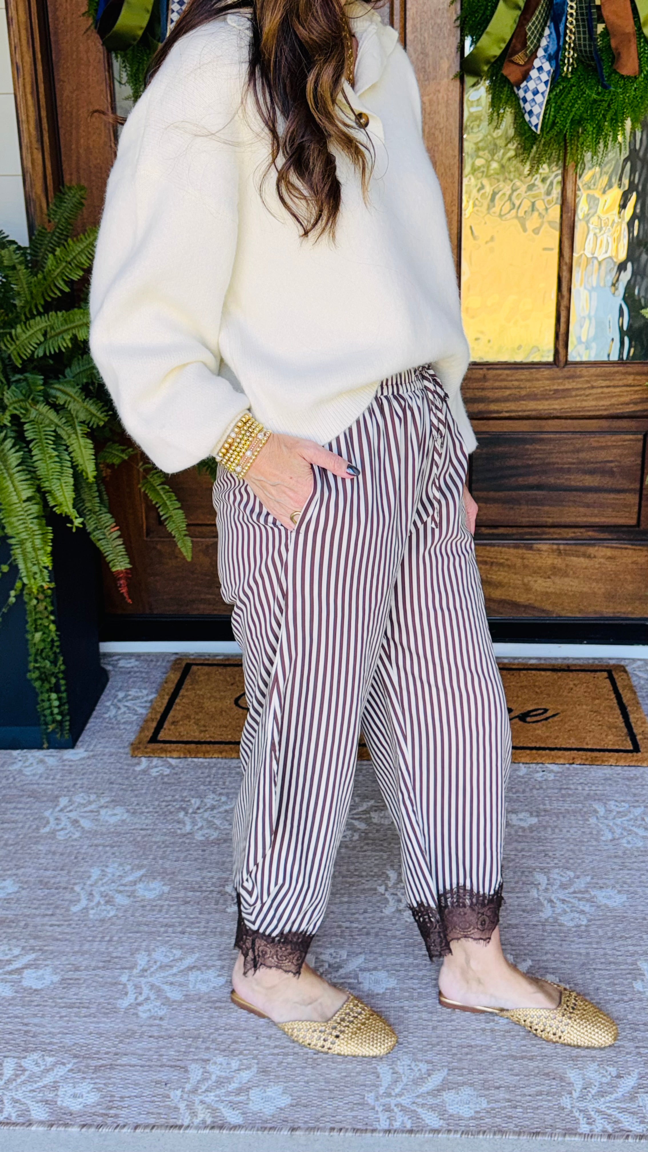 Mocha Striped Balloon Lace Pants