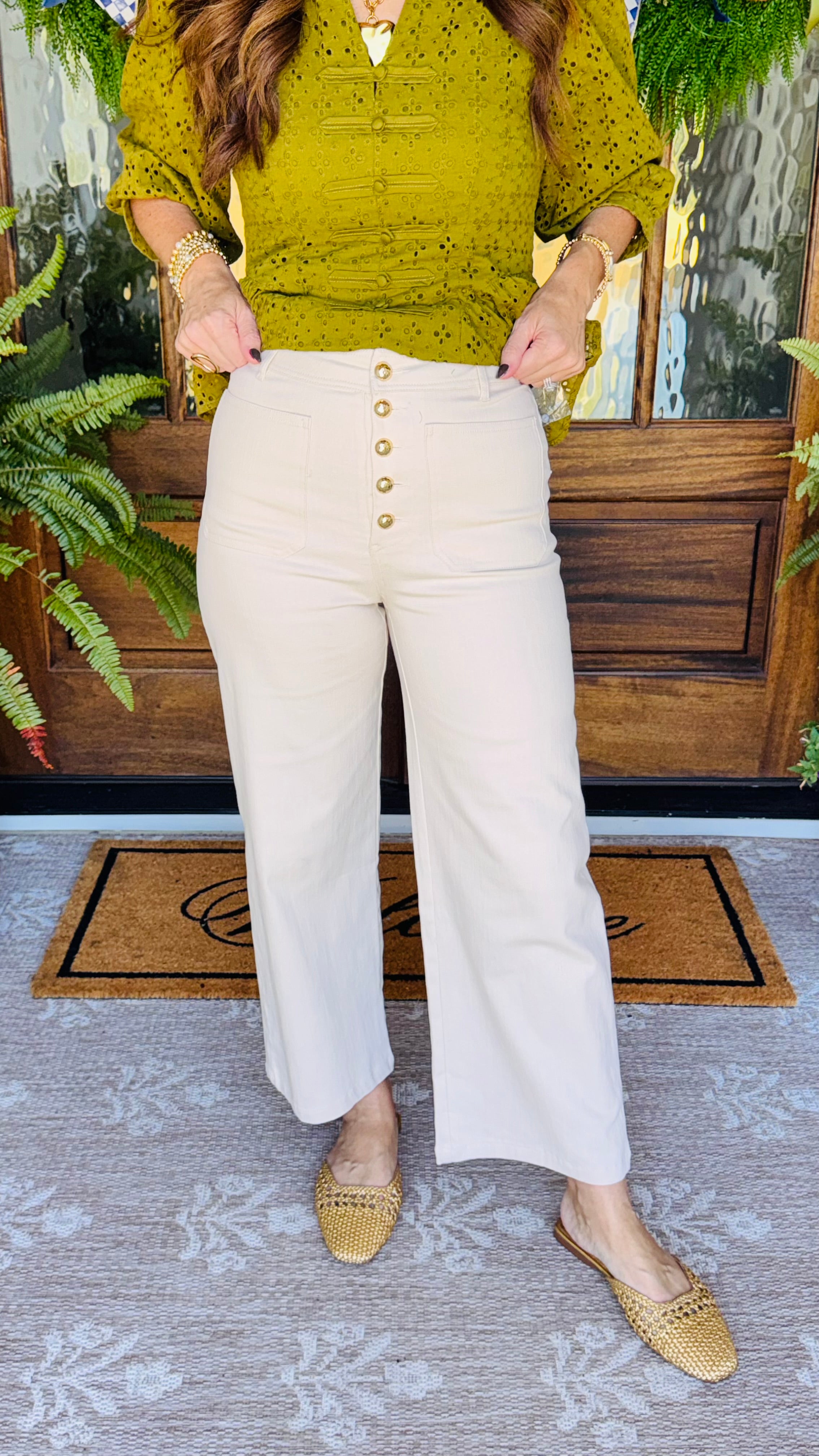 Gold Button Detail Ecru Pants