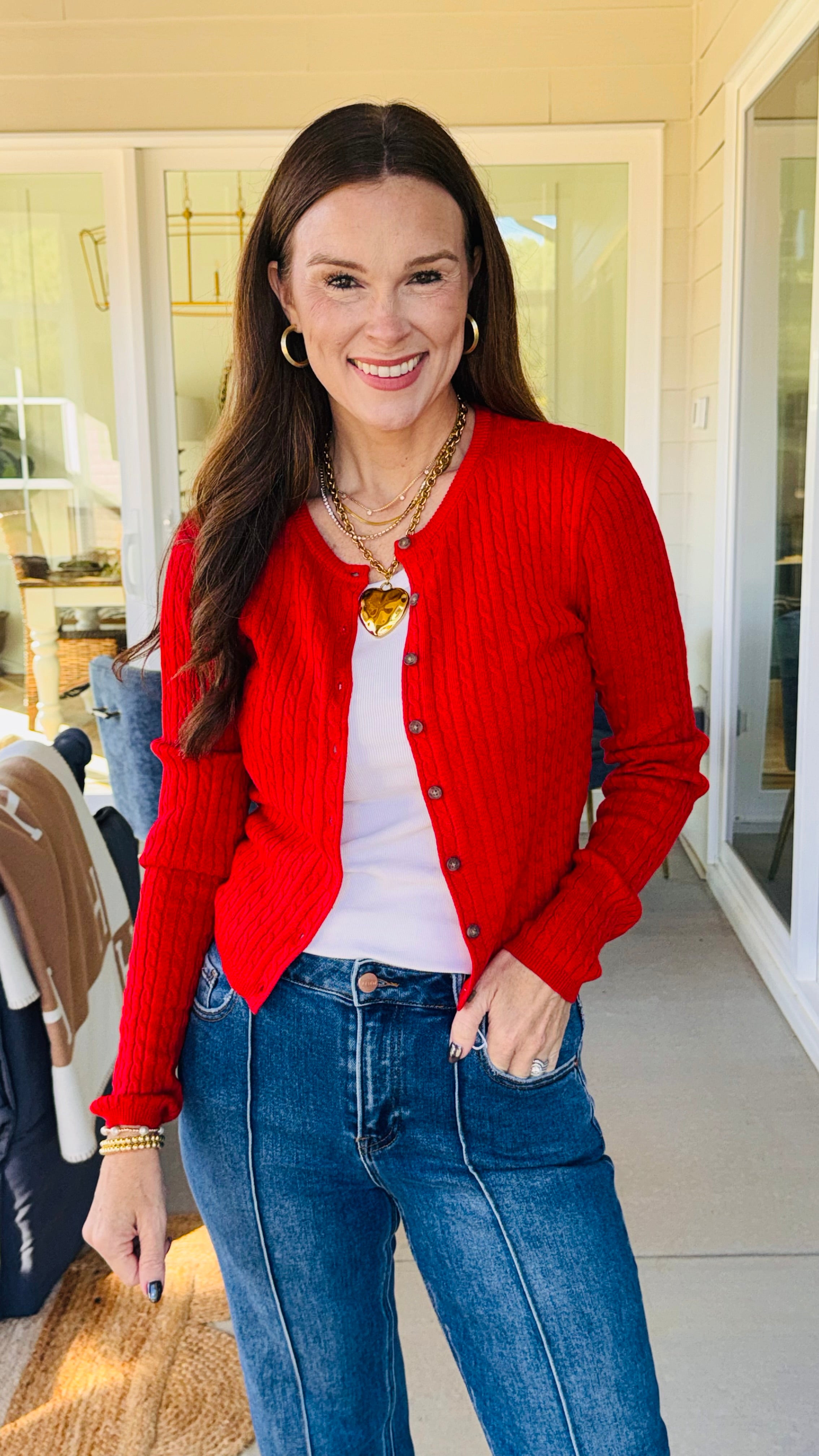 Essential Cable Knit Cardi Red