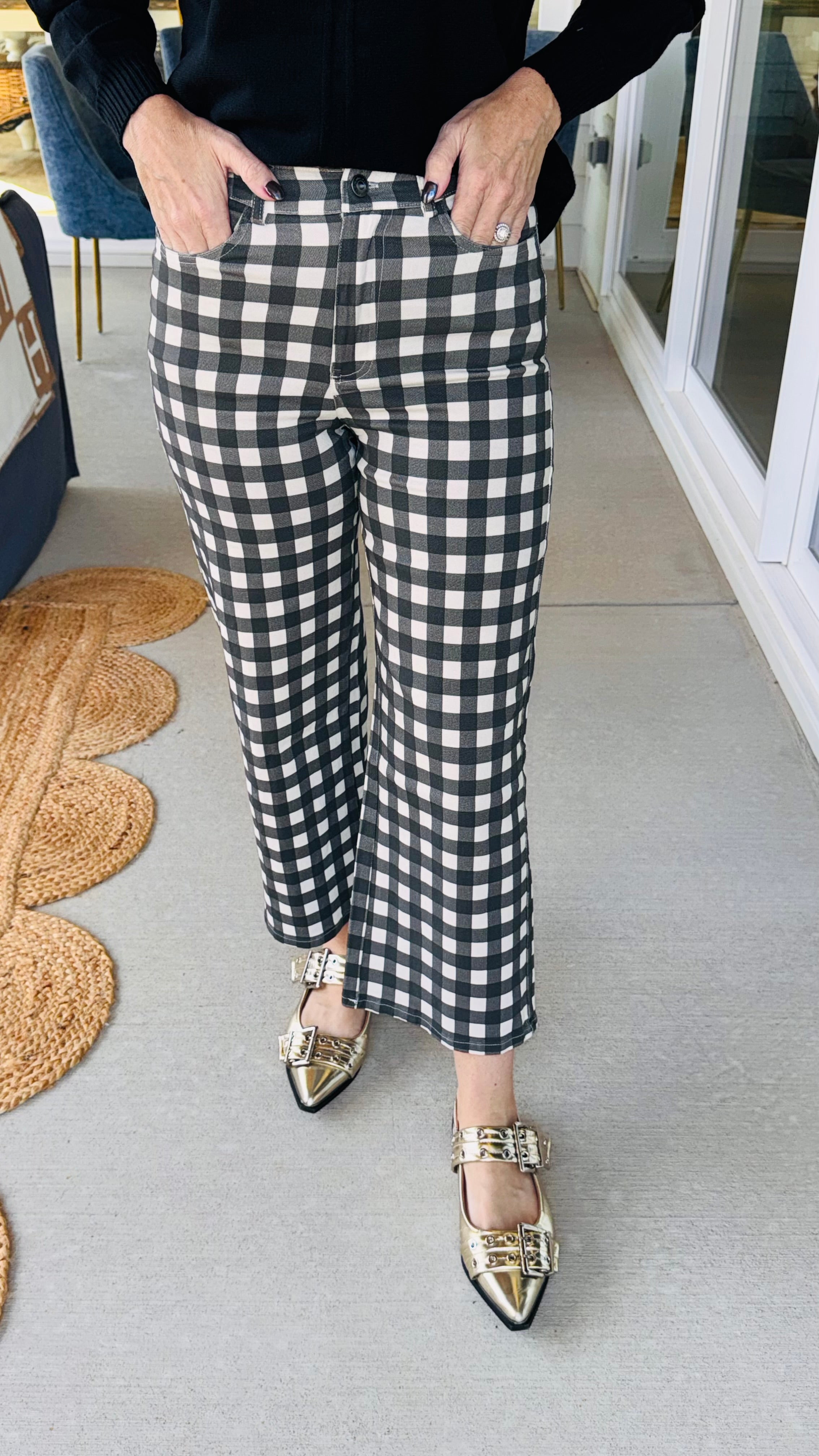 Comfort Stretch Gingham Black Pants