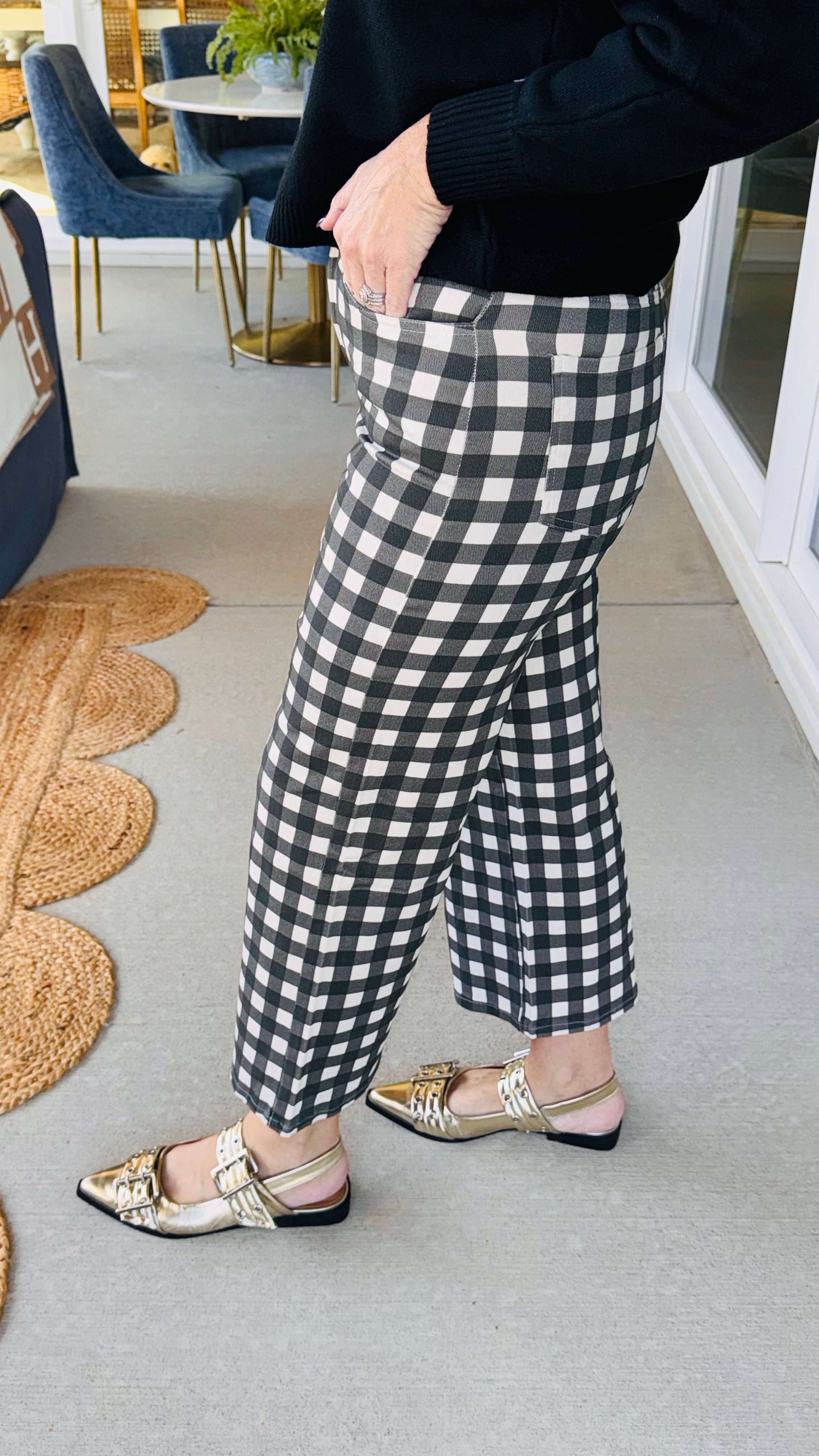 Comfort Stretch Gingham Black Pants