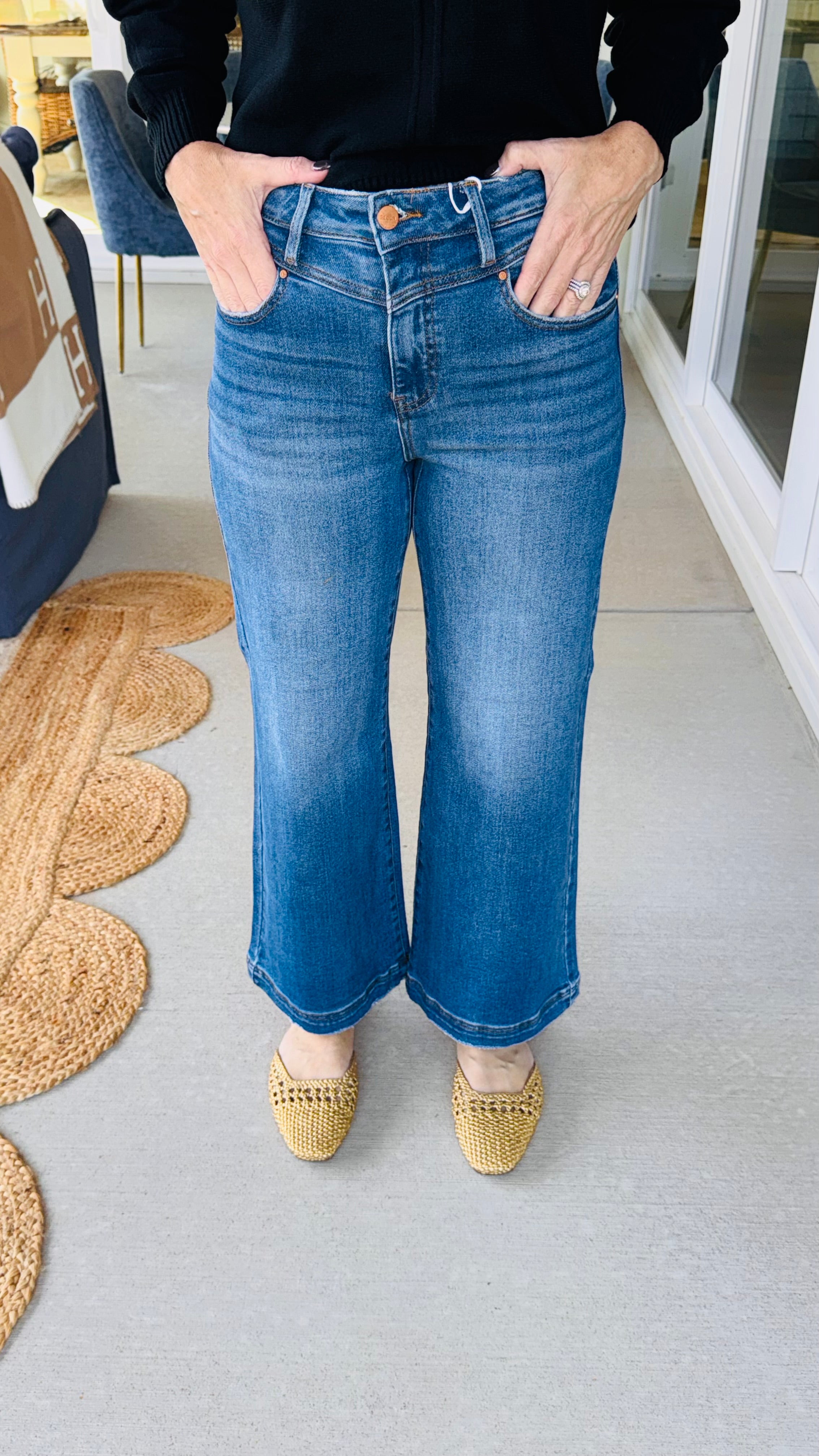 Risen High Rise Wide Leg Front Yoke Detail Jeans