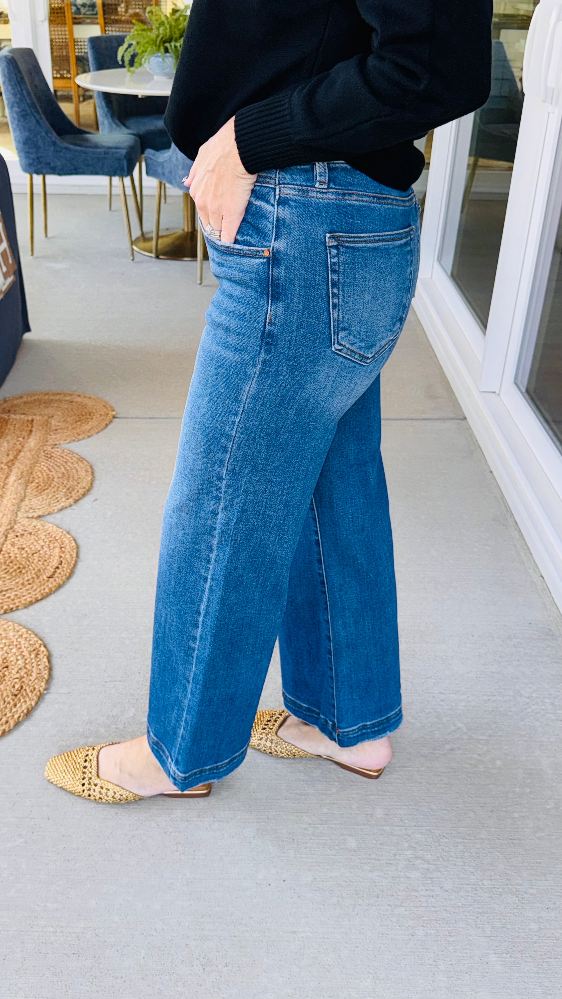 Risen High Rise Wide Leg Front Yoke Detail Jeans